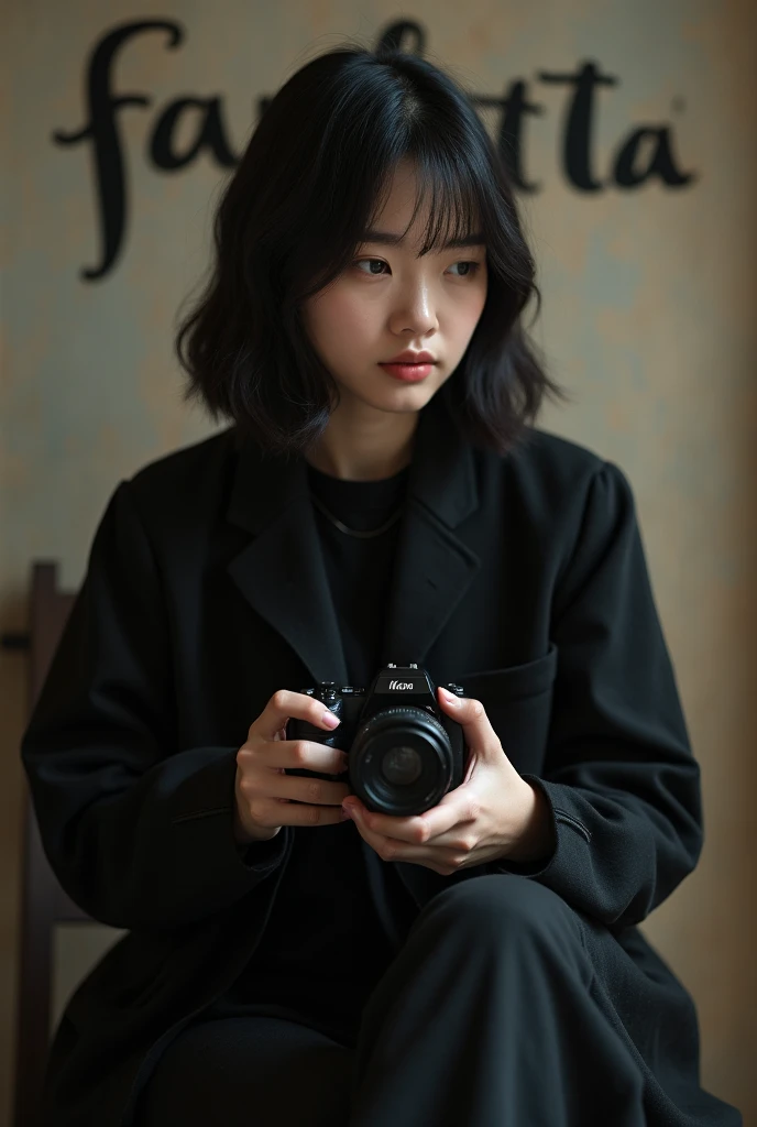 a 30 year old woman with short shoulder length hair is sitting on a chair dressed in black and holding a camera and the background says "Fauletta"