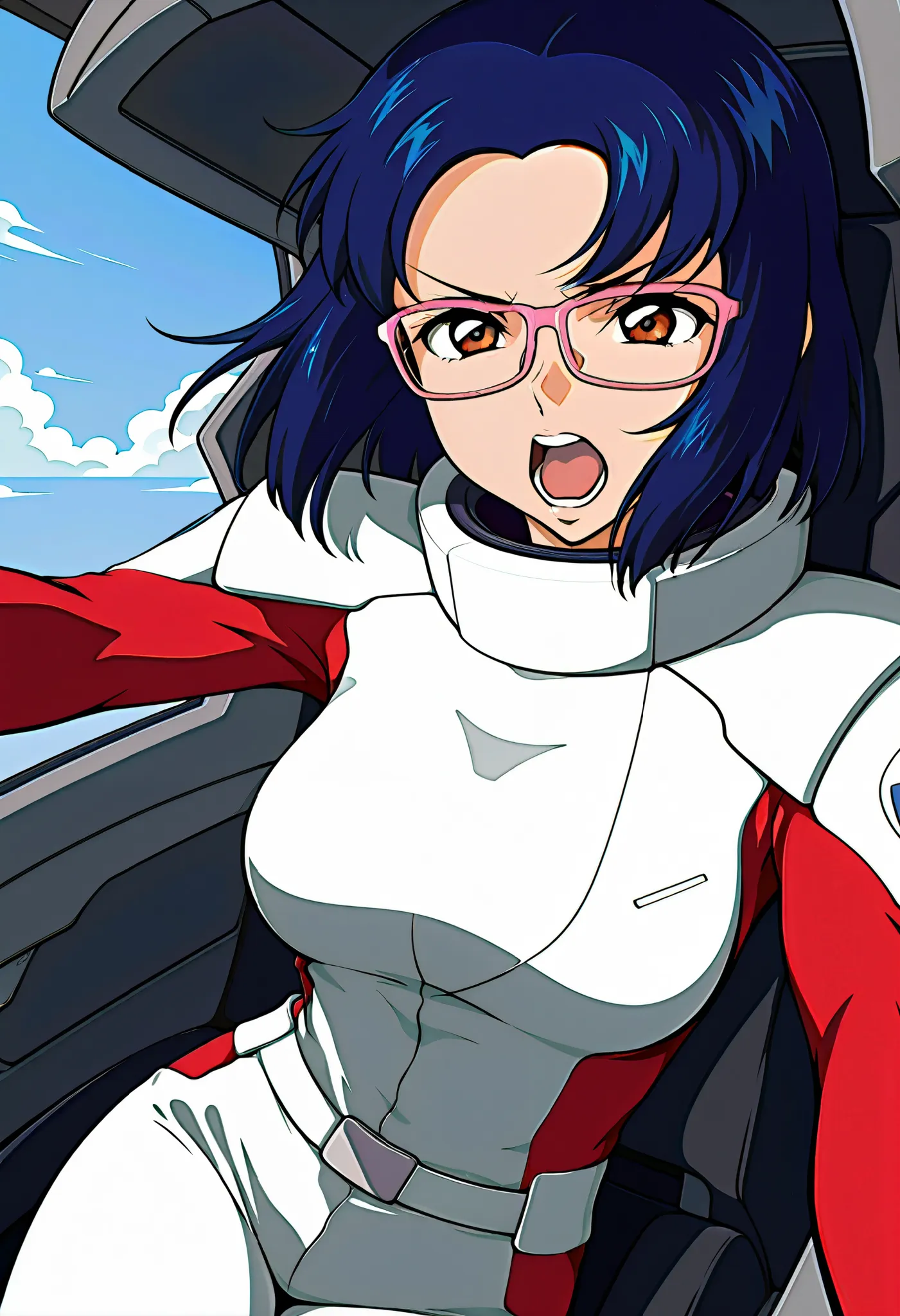 masterpiece, best quality,amazing quality、 1 female,、juriwunien , brown eyes, blue hair, short hair, glasses, pilotsuit、 is the cockpit in the background、 sits in the cockpit、 angry face、 is shouting with his mouth open、
