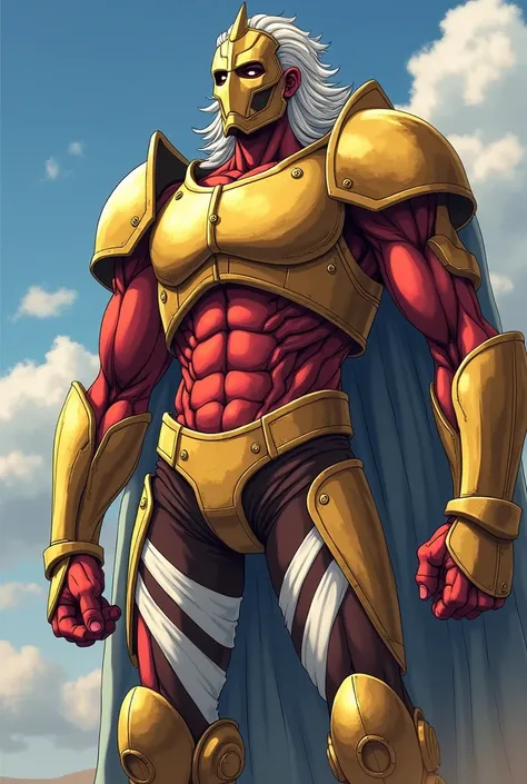 Make the Titan armored Titan Attack on Titan,  style in anime style, But with differences, like your head that instead of having a humanoid face, Have a helmet that covers your entire face in the shape of a gentleman, with your skin fully exposed, red, wit...