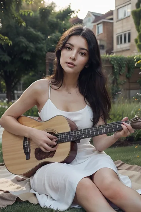 a beautiful adult woman with white skin, black hair, wearing a long white closed dress, sitting on the grass playing a light brown acoustic guitar with a garden background and urban buildings decorated with butterflies around her. and the sun shines bright...