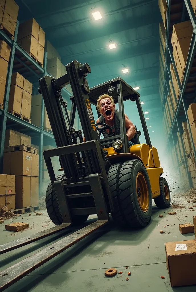 Crazy man driving forklift