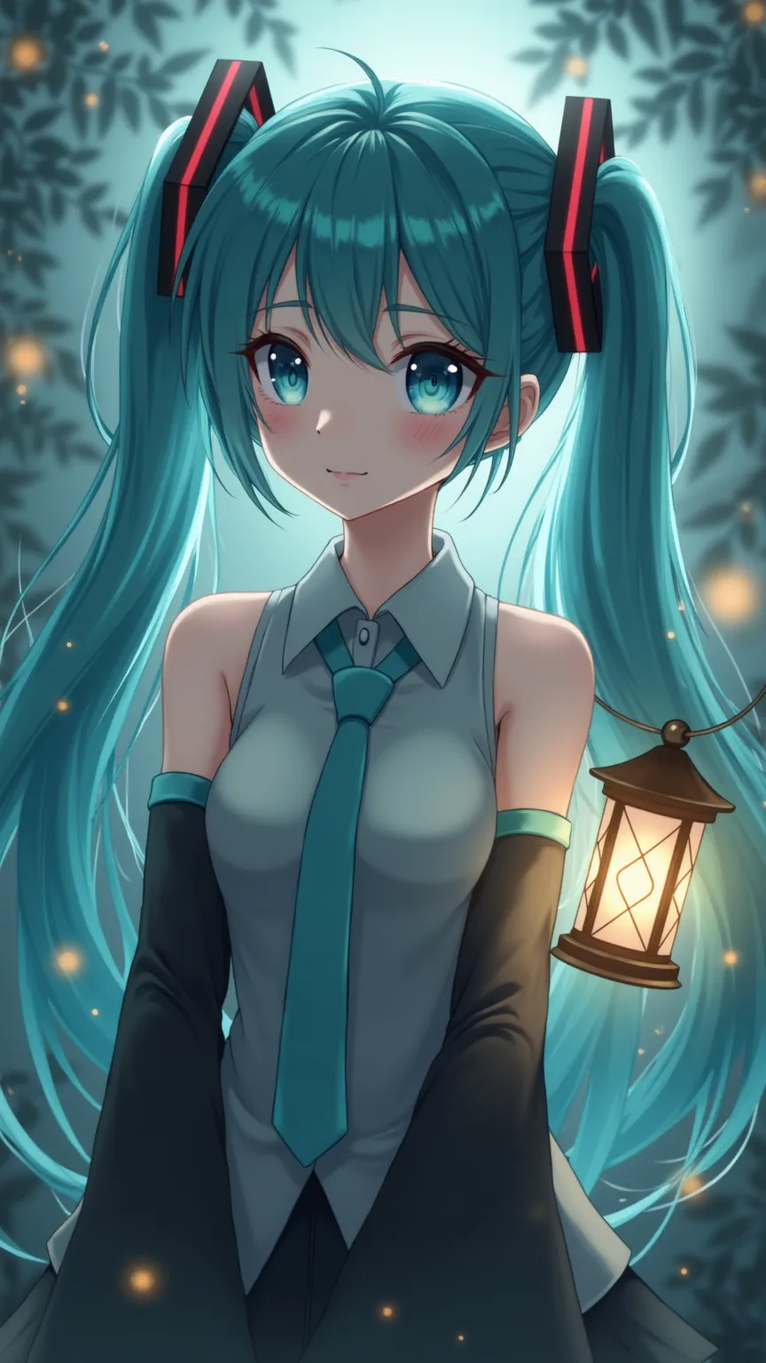 1 girl,  Hatsune Miku,  vocaloid,  blue eyes,  Lantern,  long hair,  Long Sleeve, viewers,  tie,  sleeveless,  sleeveless シャツ, twin tails