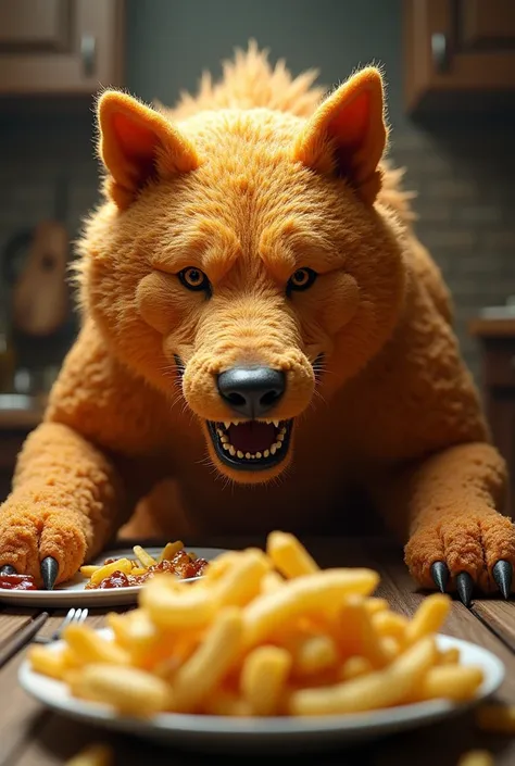 English​ lunch​ table​, Huge Crispy​ ​fried​ ​Dog​ Animal​ and​ Chips on​ the​ plate, Realistic​ ​intricate​ details​ ​image.