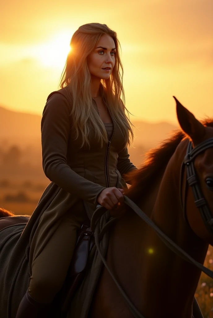 Cinematic scene: a beautiful Viking woman with a slender figure and shoulder-length blonde hair confidently rides a horse, the setting sun casts long shadows, creating a dramatic and mysterious atmosphere, super realistic style, warm golden lighting, high ...