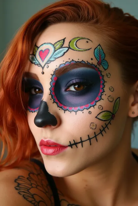 close-up photo of the face ,beautiful redhead with mexican skull painted face, new, skin fair