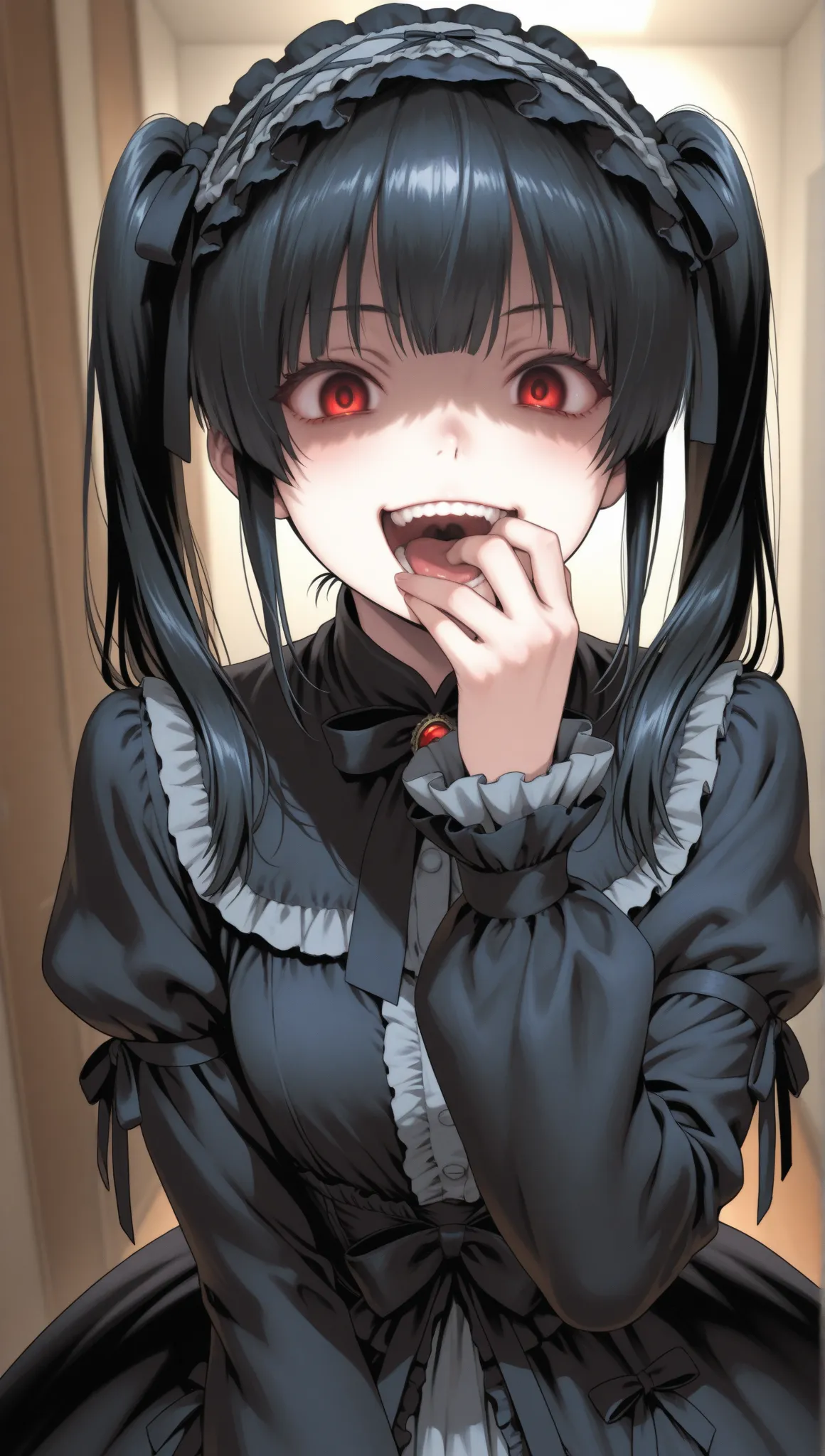  black hair　twin tails　outsider style　 red eyes　 Gothic Lolita　 expressionless　 black clothes　 girl　opening his mouth and laughing　 yandere　mad Men　Nikusari Knives