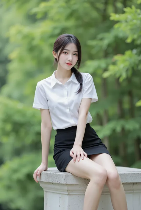 with dark brown hair tied at the back、A breathtakingly beautiful woman ,  slender figure , And slender eyes　she wears a Nishit costume, with a white short-sleeved collared shirt、black pencil miniskirt that fits her body properly tucked in、wears a stylish b...