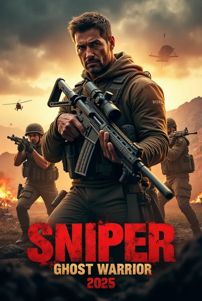 A high-intensity action-thriller movie poster featuring an elite sniper team in a war-torn battlefield. The central figure is a rugged, battle-hardened soldier with a muscular build, gripping a futuristic high-caliber sniper rifle. His expression is focuse...