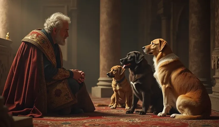 "The minister, with a wise and composed expression, kneels before the king, his hands gently resting on one of the dogs. He looks up and speaks confidently, his words filled with wisdom and emotion. The dogs sit obediently around him, as if protecting him....