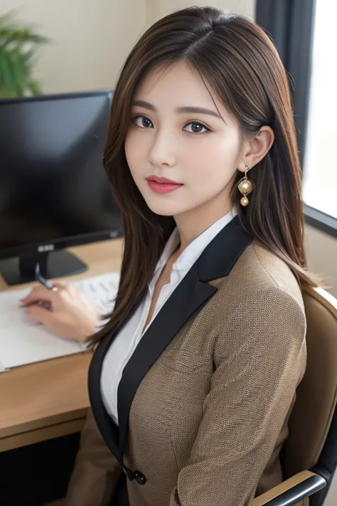 masterpiece、 best quality 、 real 、 very detailed on trends、 with finer details、High Resolution、8k wallpaper、1 beautiful woman、At the office、 Light Brown Disheveled Hair、 perfect dynamic configuration、 beautiful beautiful eyes、 Big Earrings 、 sitting on a c...