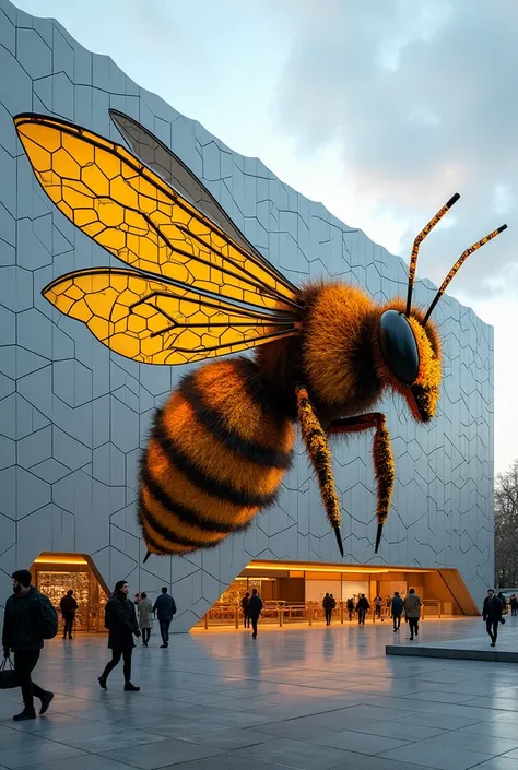 Create a façade of a bus station that has the analogy of a bee in an abstract or geometrized form and includes elements that represent it and that is seen in perspective 