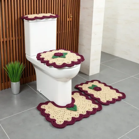 The image shows a set of crochet bathroom rugs in a modern and elegant environment. The set includes three pieces: a cover for the toilet lid, a cut-out rug for the base of the vase and a separate rectangular rug.

The rugs are predominantly beige with det...