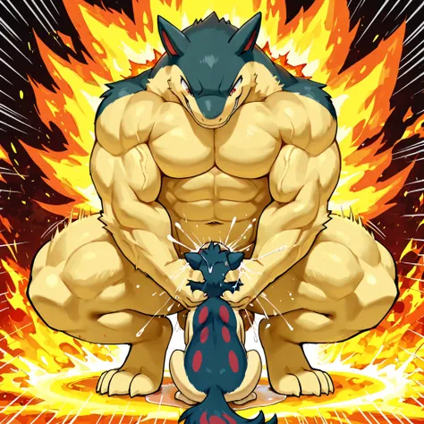 4k ultra quality, 4k full body view,masterpiece quality, large feral typhlosion, small feral quilava, irrumatio , deepthroat,  [typhlosion:squatting, heavy weight bulky muscular, massive strong body, grabbing head, grabbing body, evil grin, looking down, b...