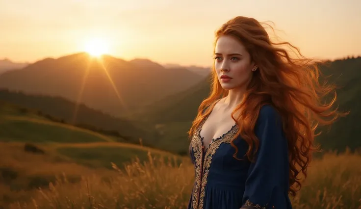 A breathtaking scene unfolds as a stunning 35-year-old woman stands atop a serene hill, gazing at the horizon as the sun sets. Her long, wavy chestnut hair flows gently in the breeze, illuminated by the golden light. She wears an elegant medieval gown—deep...