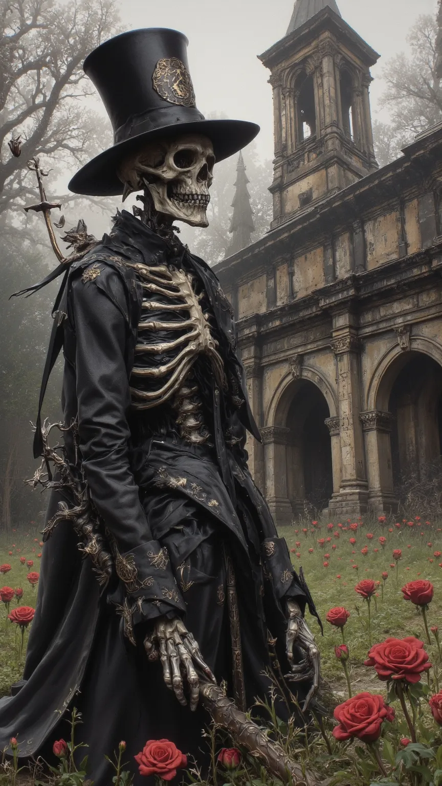 The painting depicts a skeleton man wearing a high-top hat with a skull pattern in front of the ancient church，Holding a delicate red rose cane，Under the soft and mysterious lighting，The church is covered with mist.，The texture of the brushstrokes can be s...