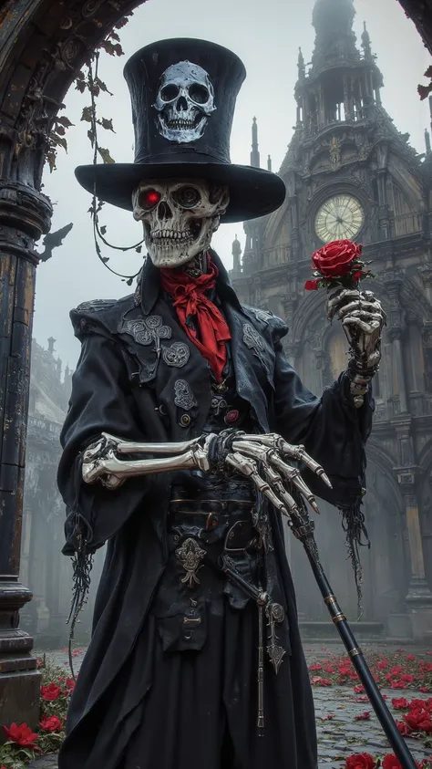 The painting depicts a skeleton man wearing a high-top hat with a skull pattern in front of the ancient church，Holding a delicate red rose cane，Under the soft and mysterious lighting，The church is covered with mist.，The texture of the brushstrokes can be s...