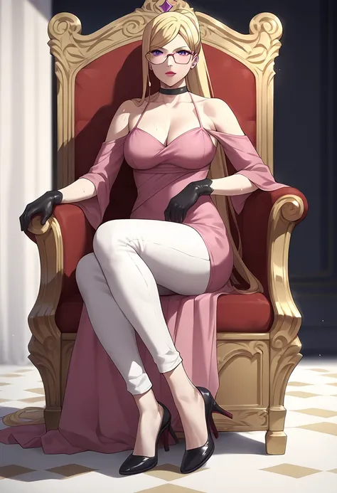 Bishamon, solo, mature, blonde hair, long hair, ponytail, violet eyes, lipstick, pale skin, glasses, pink dress, white pants, black gloves, black shoes, sweat, holding weapons, natural expression, long medium shot, sitting on throne chair, highly detailed