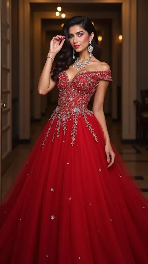 
 
 ((32K, top-quality:1.5, ​masterpiece, A high resolution, Photorealsitic)),  I am 30 year old Pakistan's woman looking like Indian actress Kareena kapoor, wearing Ruby red embroidered wedding dress, and dimonds earrings, dimonds necklace,ruby red colour...