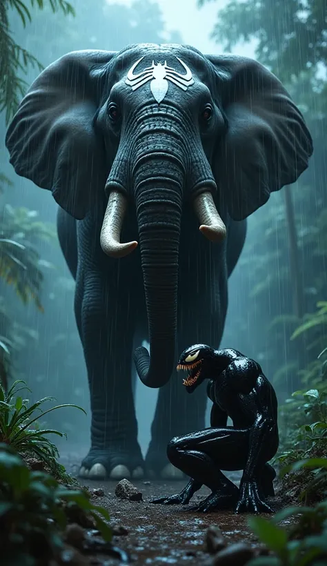 A dark and intense showdown between a towering, battle-scarred elephant and the monstrous Venom in a stormy jungle at night. The elephant stands strong, its massive tusks gleaming in the flashes of lightning, while Venom crouches low, grinning menacingly w...