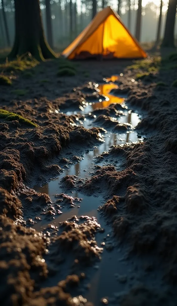 A close-up of a muddy forest floor at dawn, covered in freshly made human footprints circling a tent. The prints appear abnormal, with unusual spacing and depth, suggesting something unnatural. The dim morning light casts long shadows over the eerie scene,...