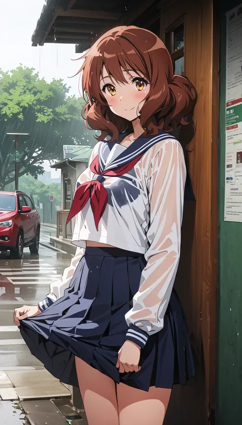 ( beautiful girl : 1.3),1 girl,(Oumae Kumiko),( sailor suit, Long Sleeve, skirt,Sheer Bras, see-through underwear, pubic hair),smile, is embarrassing,blush, get wet,Wooden bus stop,waiting room,Sheltering from the Rain,Heavy Rain,masterpiece,TOP QUALITY, s...