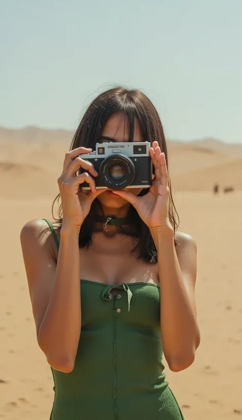 I have a digital camera with strap and tape, People standing in front of the desert 々 Josan Gonzalez  , polycount, conceptual art , 1980s technology, 8 0 s Art, 80s camera , retro device, Lofi Art, 80s nostalgia, Arab woman in a green bodysuit posing with ...