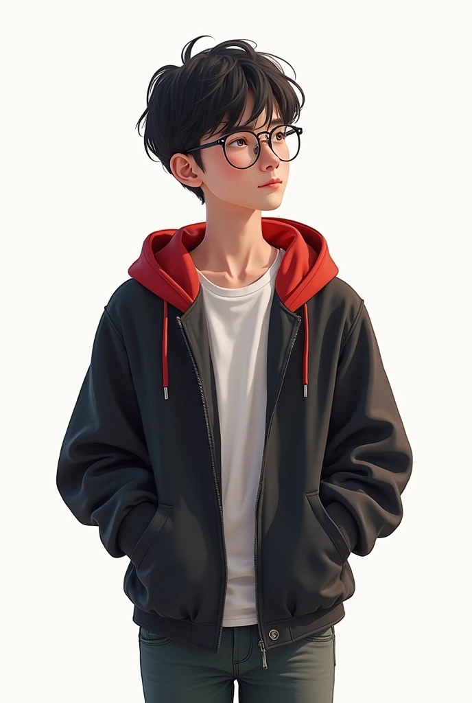 a boy wearing a black and red hoodie outside a white shirt and wearing glasses. Hands in pocket.