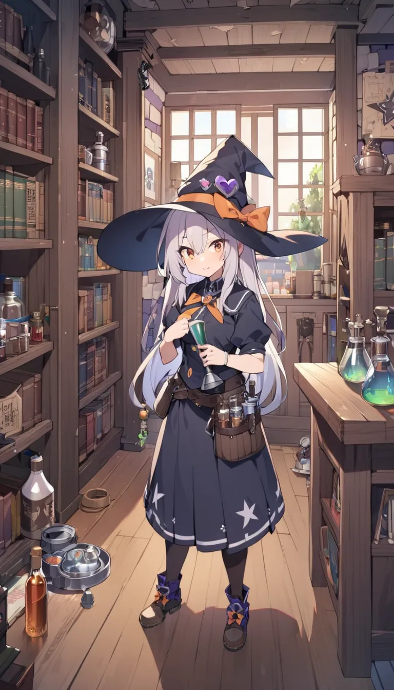 one girl, Barbell Alchemist, Witch's House ,Bookshelf,flask bottle