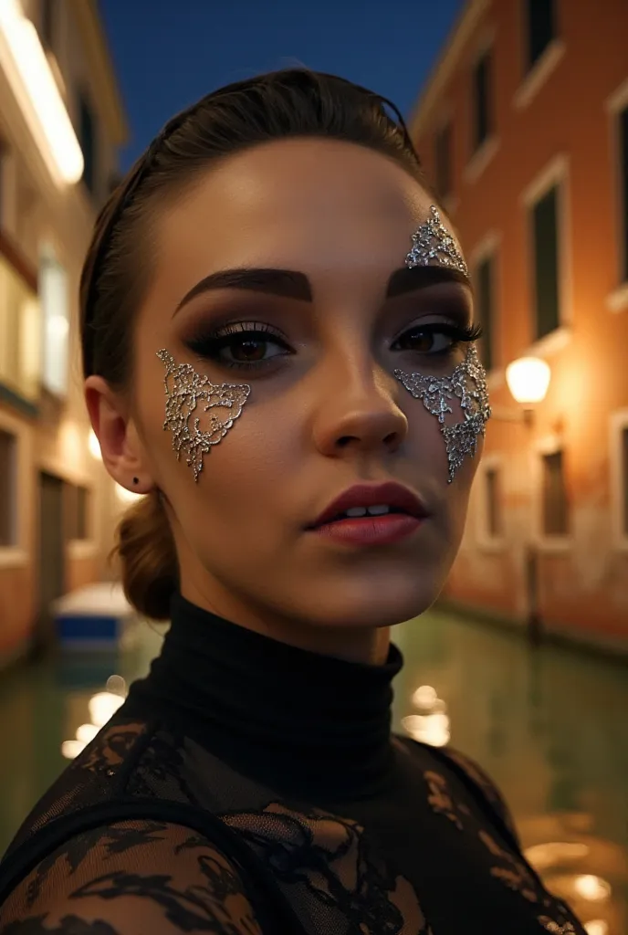 surrealisticunconventional surrelaistic editorial at nighttime in Venice, a model wearing an elegant concept jewelry make up, Eye surrealistic schiaparelli jewelery woman on the eye of the model, futuristic minimalism, concept make up based on parametrical...