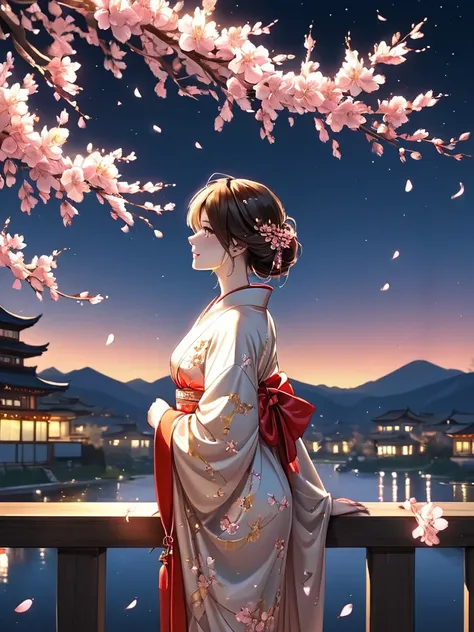  anime style、hand-drawn anime、Moe art、Dusk Approaching Weeping Sakuramori、Weeping cherry blossoms shine like red neon lights、Beautiful teenage girl covering her mouth with her sleeves、 happy smile 、slender figure in line、 sophisticated silhouette。
The fine...