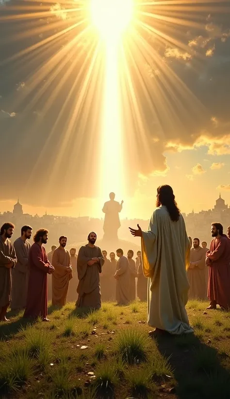 Jesus speaks to the disciples and to the people,  in an open field , near a city in Jerusalem, and above him there is a radiance of the Holy Spirit