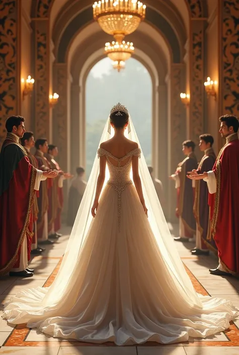 Bridal look of a princess standing at corridor with her beautiful princes and announce wedding in front of their people's 