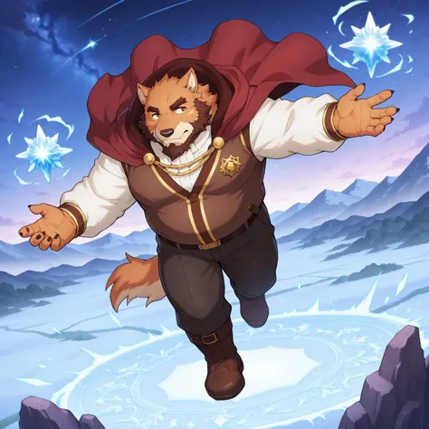 character focus, full body, looking away, dynamic angle, fantasy, wizard, a musclegut middle-aged fenrir man, heroic wizard costume clothes, robe, shirt, pants, boots, casting ice magic, dynamic pose, BREAK full body in Michelangelo Buonarroti style, paste...