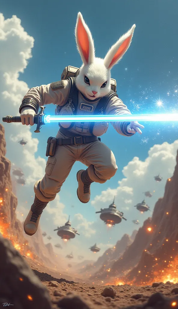 "The fully-powered white rabbit pilot leaps through the air, slashing at an alien warrior with his glowing plasma sword while firing energy blasts from his blaster. The aliens are caught off guard, their weapons struggling against his new power. Spaceships...