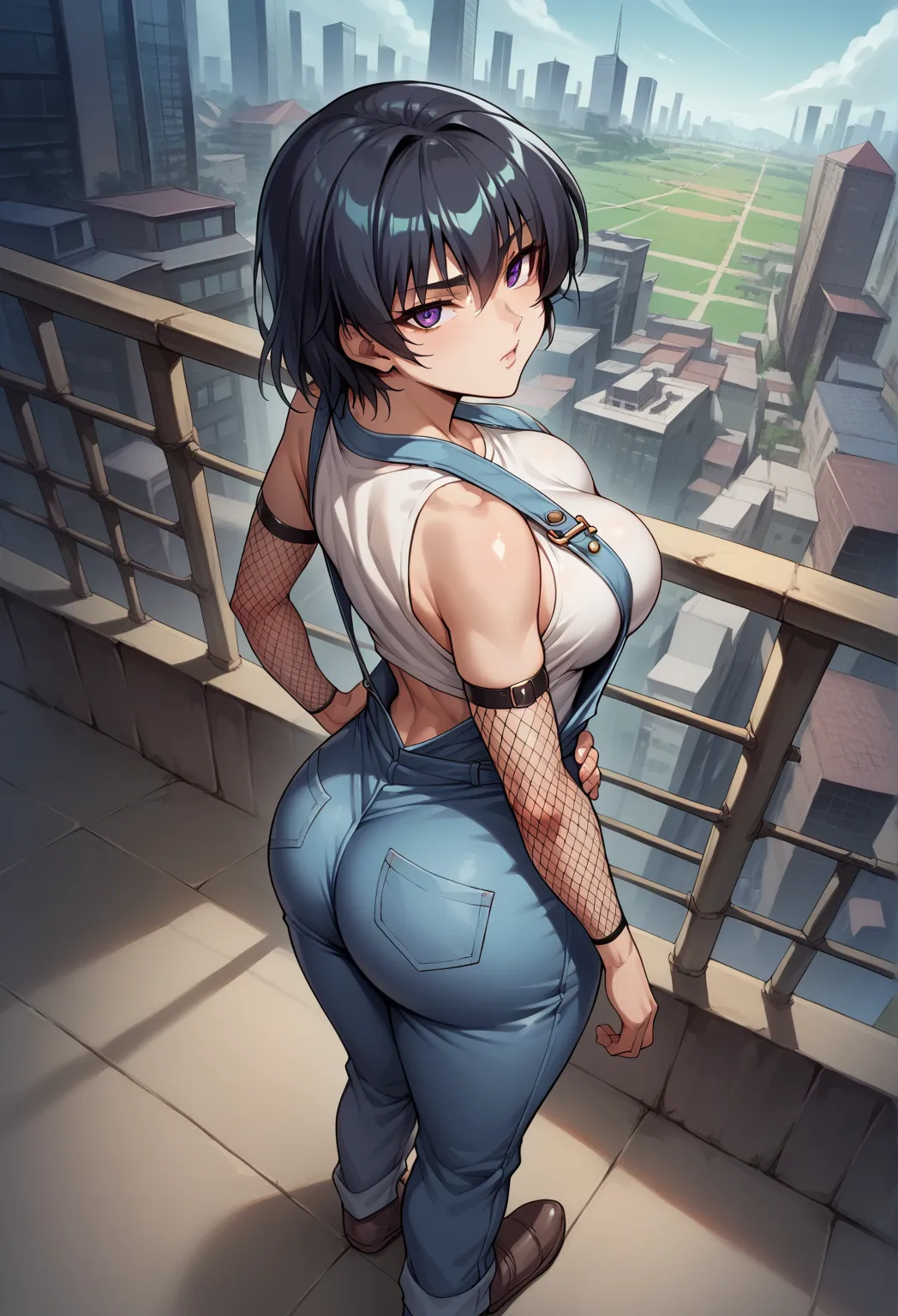 score_9, score_8_above, score_7_above, to break, score_9, do this_asagi,  hands around waist , green_eyes, blue_Hair, far away_Hair, breasts, apenas_shoulders, elbow_shezfe ,  impossible_clothes, purple_OVERALLS, fishnets, looking at the viewer, tiro de co...