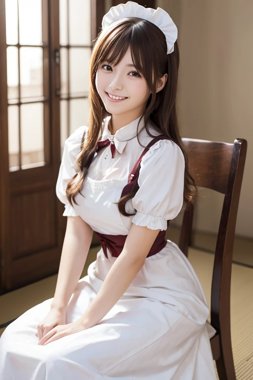  Realistic Photo Quality 、Japanese model in a silver and maroon dress is sitting on a chair、Anime girls cosplay 、Gorgeous maid、Maid Costume、  Maid Dress,  japanese maid cafe, looking at camera、Detailed and beautiful eyes、 cute smiles 、 soft and gentle expr...