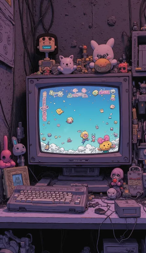 I have a picture of a computer with lots of toys on it, Cyberpunk art by Yoshihiko Wada , Tumbler, Neo Geo,  SNES graphics ,  9 0 s games ,  Nintendo Game Art  , Gamer aesthetic, 90s aesthetics , 90s aesthetics ,  lo-fi retro video game,  90s Aesthetic , R...