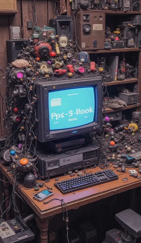 I have a picture of a computer with lots of toys on it, Cyberpunk art by Yoshihiko Wada , Tumbler, Neo Geo,  SNES graphics ,  9 0 s games ,  Nintendo Game Art  , Gamer aesthetic, 90s aesthetics , 90s aesthetics ,  lo-fi retro video game,  90s Aesthetic , R...