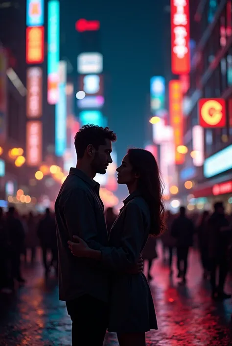 A vibrant cityscape at night, with neon lights reflecting on wet streets. In the middle of the bustling crowd, a couple locks eyes for the first time, their silhouettes glowing under the warm streetlights. The city feels alive, but in this moment, only the...