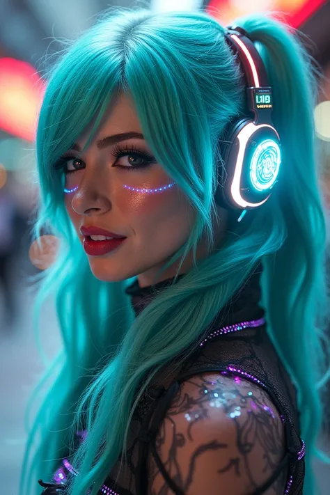 Design a futuristic and original version of Hatsune Miku, reimagining her iconic look while keeping her recognizable features. Give her a fresh and unique style by incorporating cyberpunk or fantasy elements. Change her hairstyle to something edgy, like as...