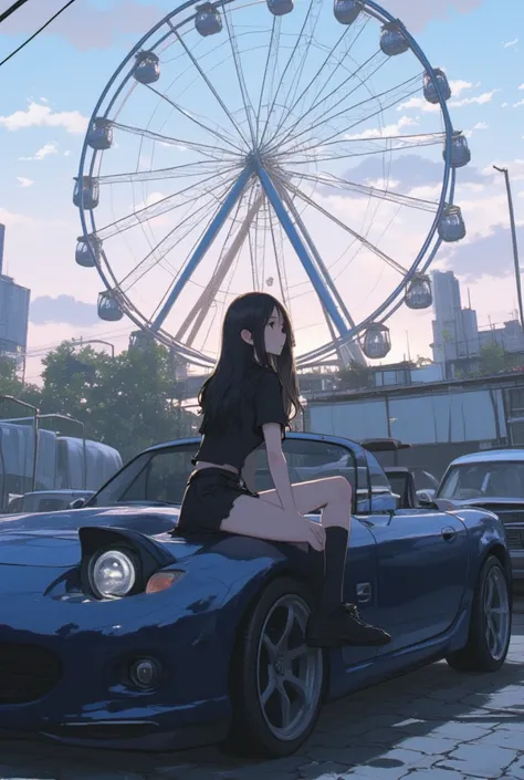 A young woman, likely in her late teens or early twenties, Asian ethnicity, sits on the hood of a dark-blue convertible Mazda MX-5 Miata.  She is wearing a black, close-fitting top and a short, black skirt with black tights/leggings and dark-colored shoes....