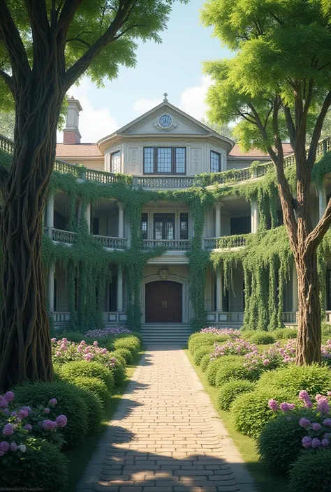 Ecole en demi cercle entourée de jardins somptieux , arbres majestieux à l'intérieur de l'école ou les racines et des plantes qui se tissent autour des murs