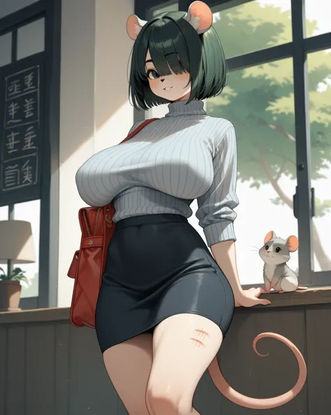 (furry hamster face:0.9), girl , (curvy:0.5), bob cut , beautiful hair over the eyes , Rodent , tight fit Vertical striped sweater , impossible clothing , (boob bag:0.8) , (erect nipple:0.9) , saggy breast , long slit skirt , (upskirt by hand) , Tally Mark...