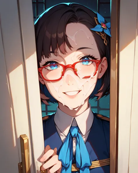  girl(ethnicity:1.2), (age:1.1),  uniform(detailed clothing:1.2),  Red-rimmed glasses(accessories:1.1),  smile(expression:1.2),   light skin tone(detailed skin texture:1.2),   facing forward (pose:1.2),  window際(position:center),  Slightly tilted to the le...