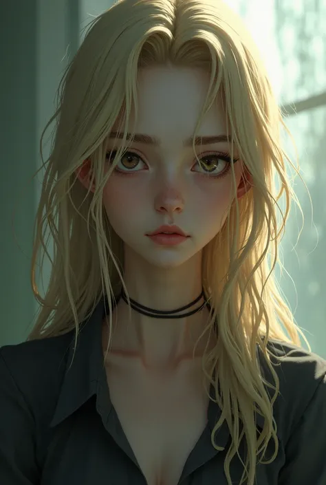 You have an image of a tall girl,  list, with tired and cold eyes, blond hair, loose, textured hair, with certain traits of psychopathy and narcissism, anime-semi-realistic style 