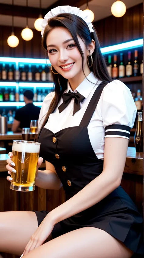 
A beautiful woman dressed as a sexy waitress with a large bust, sitting at a bar while holding a beer. She has a confident and inviting smile, wearing a stylish waitress outfit that accentuates her figure. The bar is lively, with colorful lights and patro...