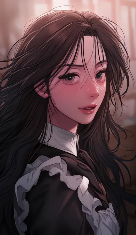 Dramatic Digital Artwork:1.3) of,(Energetic:1.3) portrait of female (snezanasakovic2:1.1) wearing a maid ,Long hair, black hair and eyes, smiling,, style-sylvamagic, fashion girl,CGSociety,ArtStation