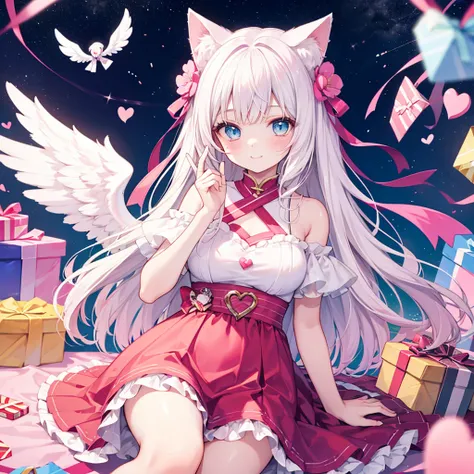 Beautiful 17-year-old girl with long white hair and blue eyes with pretty cat ears。 Angel Wings on the Back 。 cute smile。Lots of presents and pink hearts falling from the sky。 happy birthday！