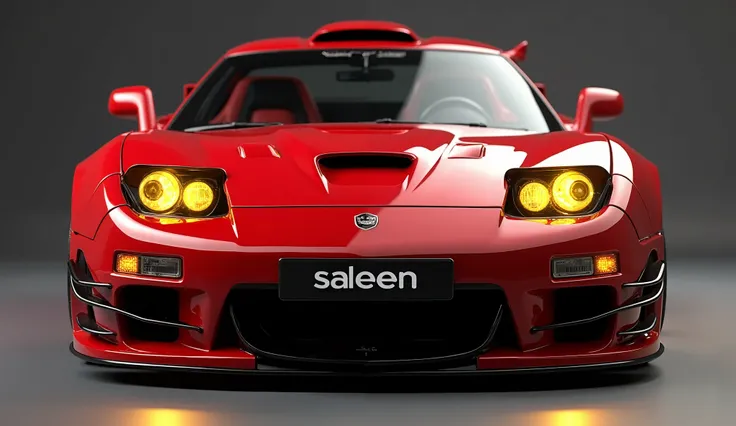 Create a 3D render of a car design featuring the [ saleen s] . The car should be viewed from the [FRONT] in [red]. Include a [Brand Logo] prominently on the [FRONT SIDE]. The headlights should be [yellow],. The license plate should display [saleen]. The ca...