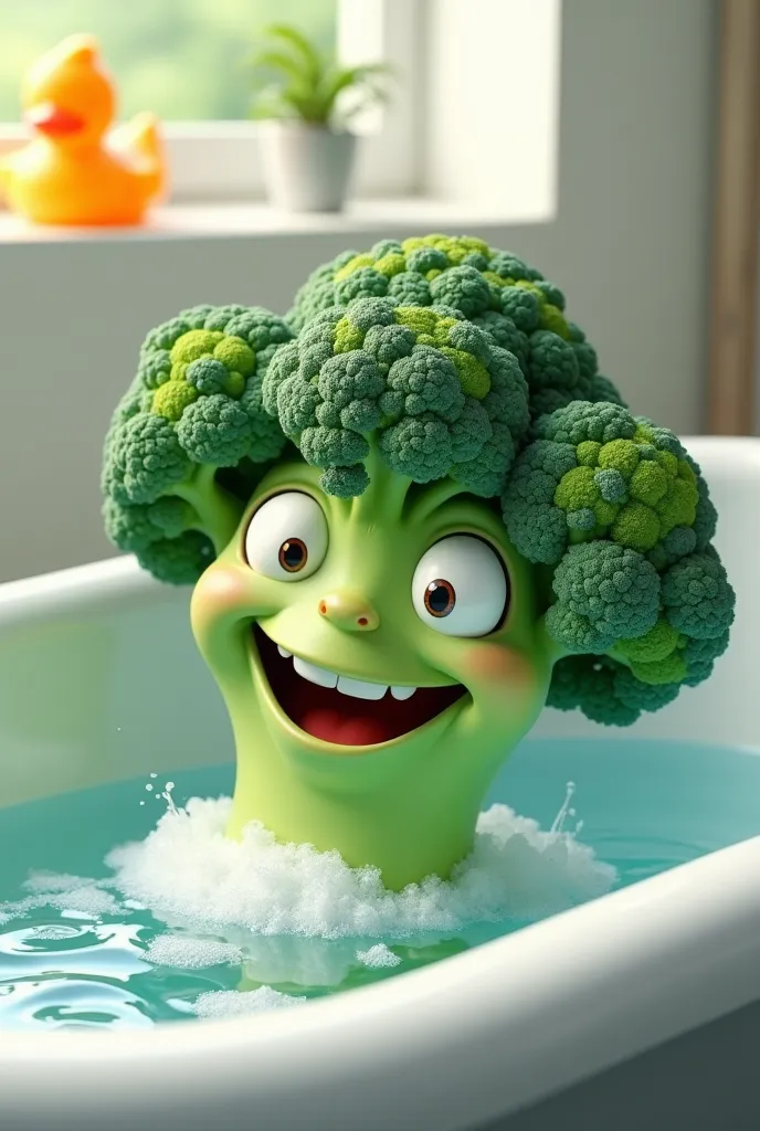 Broccoli in the tub smiling with a ugly face silly funny 